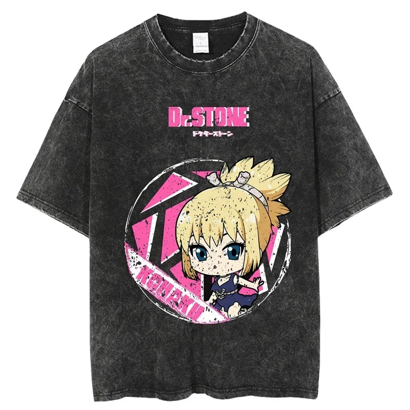 Dr. Stone Senku Ishigami Vintage Washed T-Shirt – Unisex Oversized Harajuku Cotton Graphic Tee