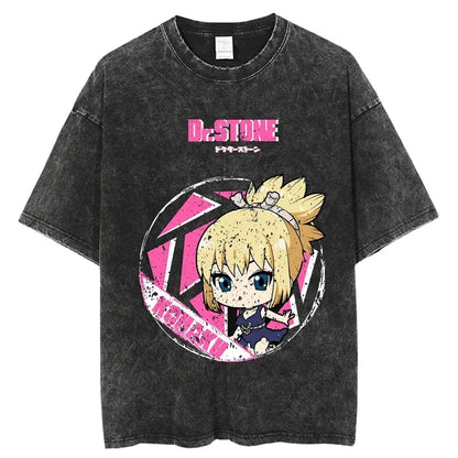 Dr. Stone Senku Ishigami Vintage Washed T-Shirt – Unisex Oversized Harajuku Cotton Graphic Tee
