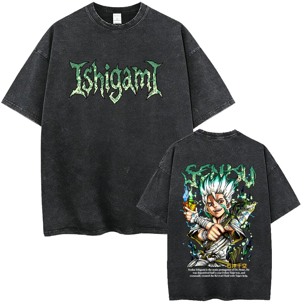 Dr. Stone Senku Ishigami Vintage Washed T-Shirt – Unisex Oversized Manga Graphic Tee
