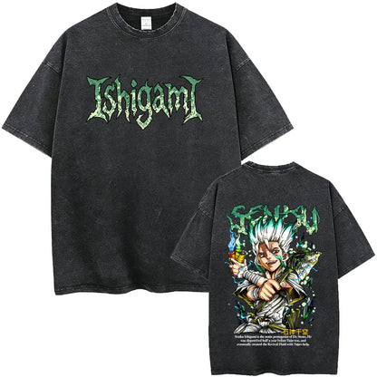 Dr. Stone Senku Ishigami Vintage Washed T-Shirt – Unisex Oversized Manga Graphic Tee
