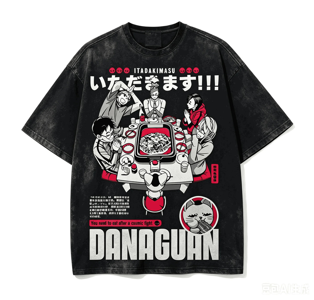 DAN DA DAN Character Grid T-Shirt – Black Washed Oversized Anime Streetwear Tee