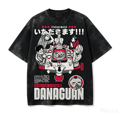 DAN DA DAN Character Grid T-Shirt – Black Washed Oversized Anime Streetwear Tee