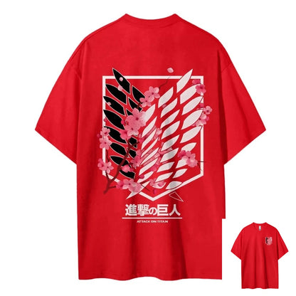 Attack on Titan Wings of Freedom Cherry Blossom Graphic T-Shirt – Unisex Cotton Anime Streetwear Tee
