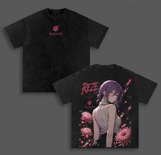 Chainsaw Man Reze Vintage Washed T-Shirt – Loose Harajuku Unisex Anime Tee