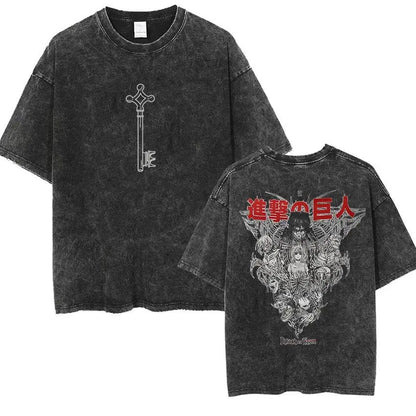 Attack on Titan Vintage Washed Graphic T-Shirt – Oversized Unisex Cotton Anime Streetwear Tee