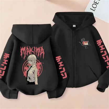 Chainsaw Man Makima Vintage Zip-Up Hoodie – Oversized Unisex Anime Streetwear Jacket