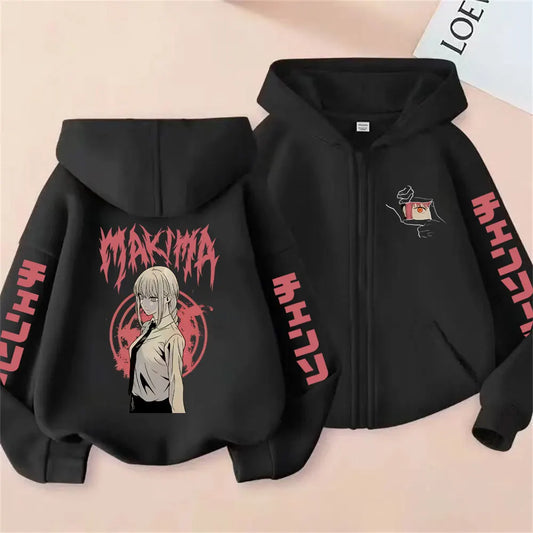 Chainsaw Man Makima Vintage Zip-Up Hoodie – Oversized Unisex Anime Streetwear Jacket