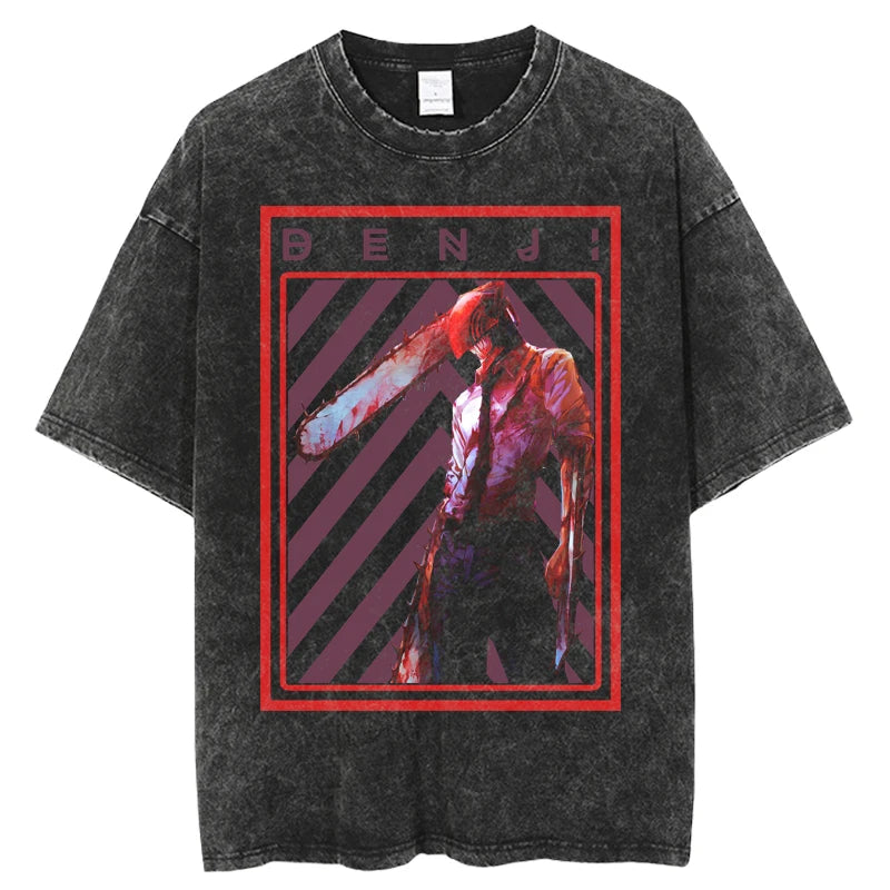 Chainsaw Man Denji & Pochita Vintage Washed T-Shirt – Oversized Harajuku Anime Tee