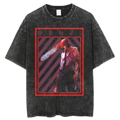 Chainsaw Man Denji & Pochita Vintage Washed T-Shirt – Oversized Harajuku Anime Tee