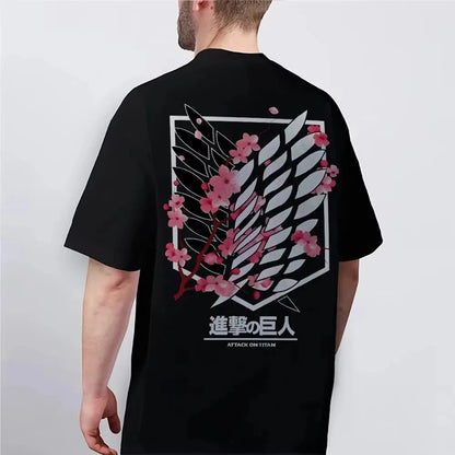Attack on Titan Wings of Freedom Cherry Blossom Graphic T-Shirt – Unisex Cotton Anime Streetwear Tee