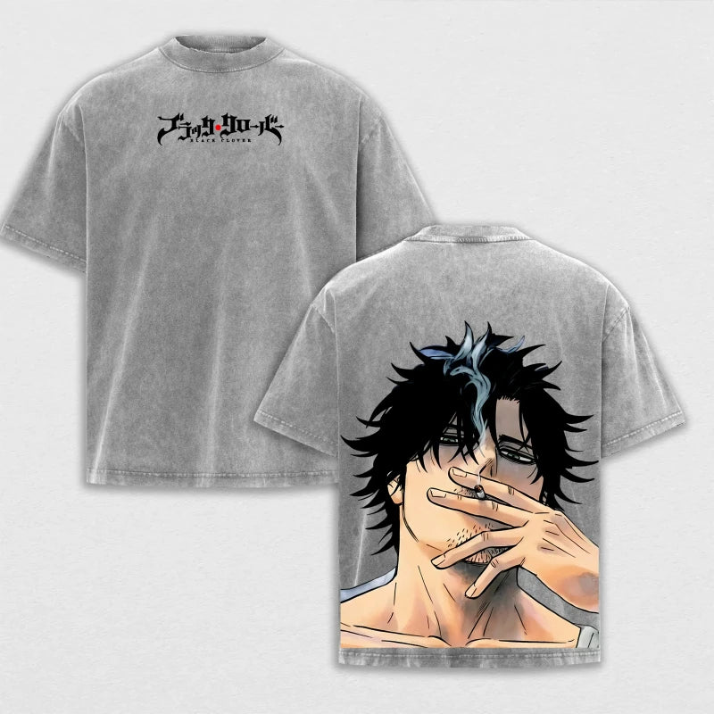 lack Clover Yami Sukehiro Vintage Washed Graphic T-Shirt – Oversized Unisex Cotton Anime Streetwear Tee
