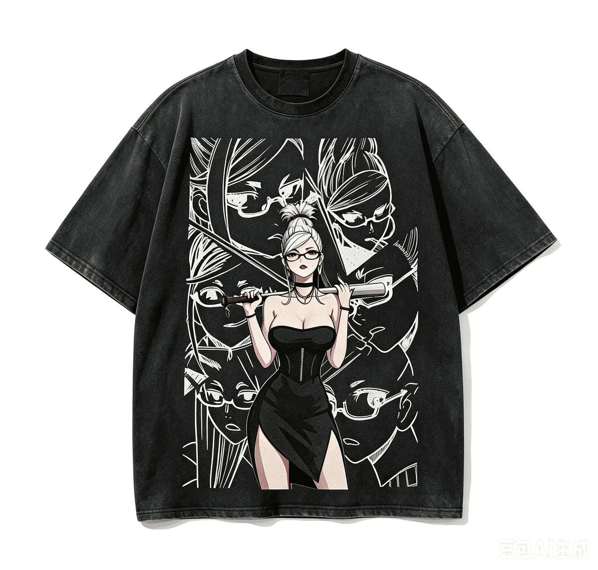 DAN DA DAN Character Grid T-Shirt – Black Washed Oversized Anime Streetwear Tee