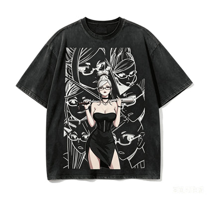 DAN DA DAN Character Grid T-Shirt – Black Washed Oversized Anime Streetwear Tee