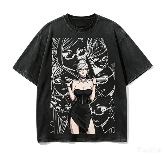 DAN DA DAN Character Grid T-Shirt – Black Washed Oversized Anime Streetwear Tee
