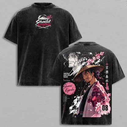 BLEACH Shunsui Kyoraku Vintage Washed T-Shirt – Unisex Harajuku Anime Streetwear Tee
