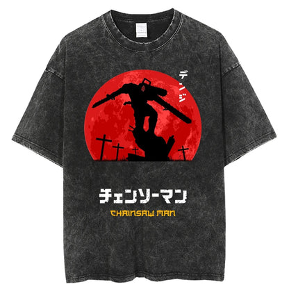 Chainsaw Man Denji & Pochita Vintage Washed T-Shirt – Oversized Harajuku Anime Tee