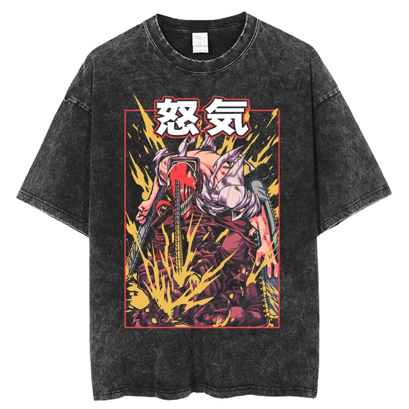 Chainsaw Man Denji & Pochita Vintage Washed T-Shirt – Oversized Harajuku Anime Tee