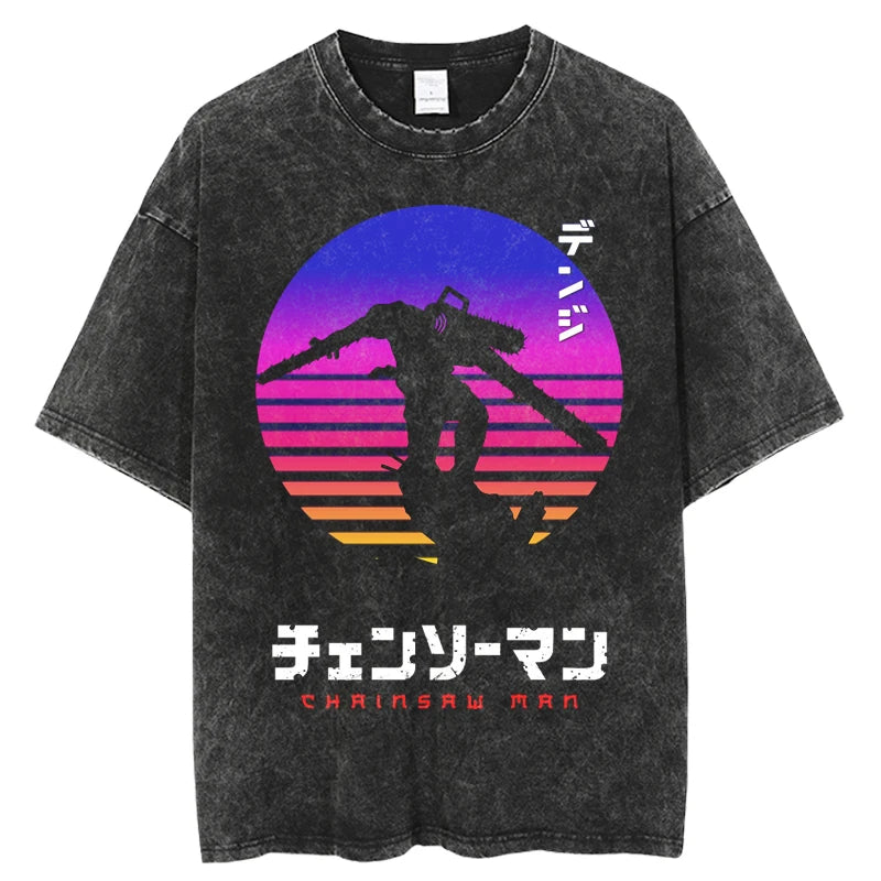 Chainsaw Man Denji & Pochita Vintage Washed T-Shirt – Oversized Harajuku Anime Tee