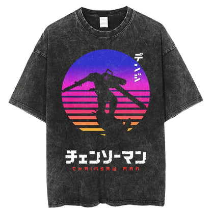 Chainsaw Man Denji & Pochita Vintage Washed T-Shirt – Oversized Harajuku Anime Tee