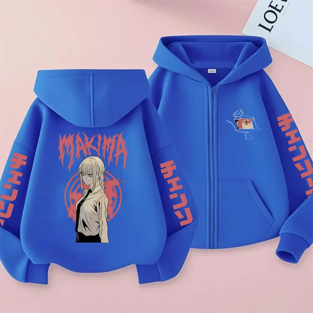 Chainsaw Man Makima Vintage Zip-Up Hoodie – Oversized Unisex Anime Streetwear Jacket
