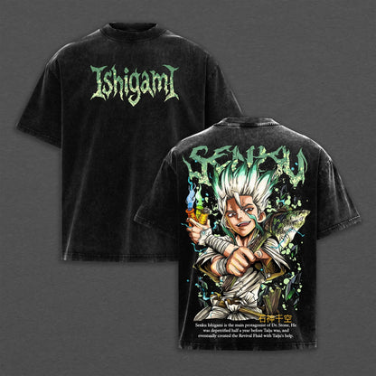 Dr. Stone Senku Ishigami Gothic Washed T-Shirt – Harajuku Anime Cotton Graphic Tee