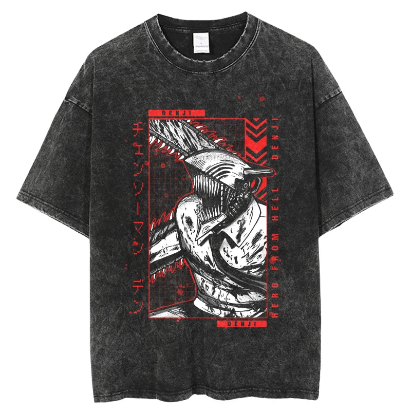 Chainsaw Man Denji & Pochita Vintage Washed T-Shirt – Oversized Harajuku Anime Tee