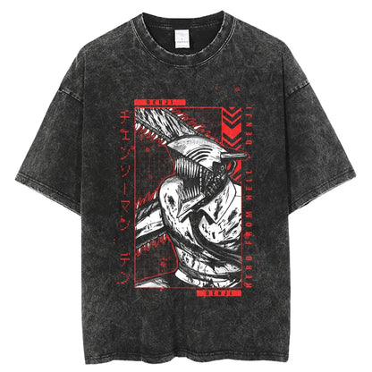 Chainsaw Man Denji & Pochita Vintage Washed T-Shirt – Oversized Harajuku Anime Tee