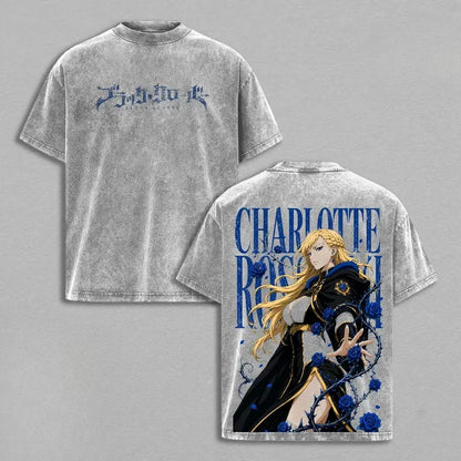 Black Clover Charlotte Roselei Vintage Washed Graphic T-Shirt – Oversized Unisex Cotton Anime Streetwear Tee