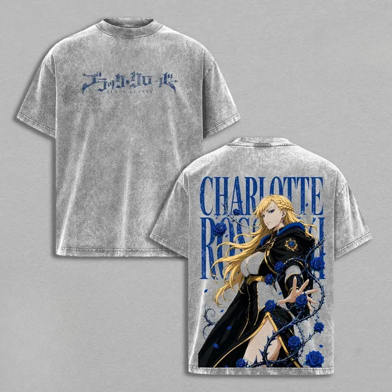 Black Clover Charlotte Roselei Vintage Washed Graphic T-Shirt – Oversized Unisex Cotton Anime Streetwear Tee