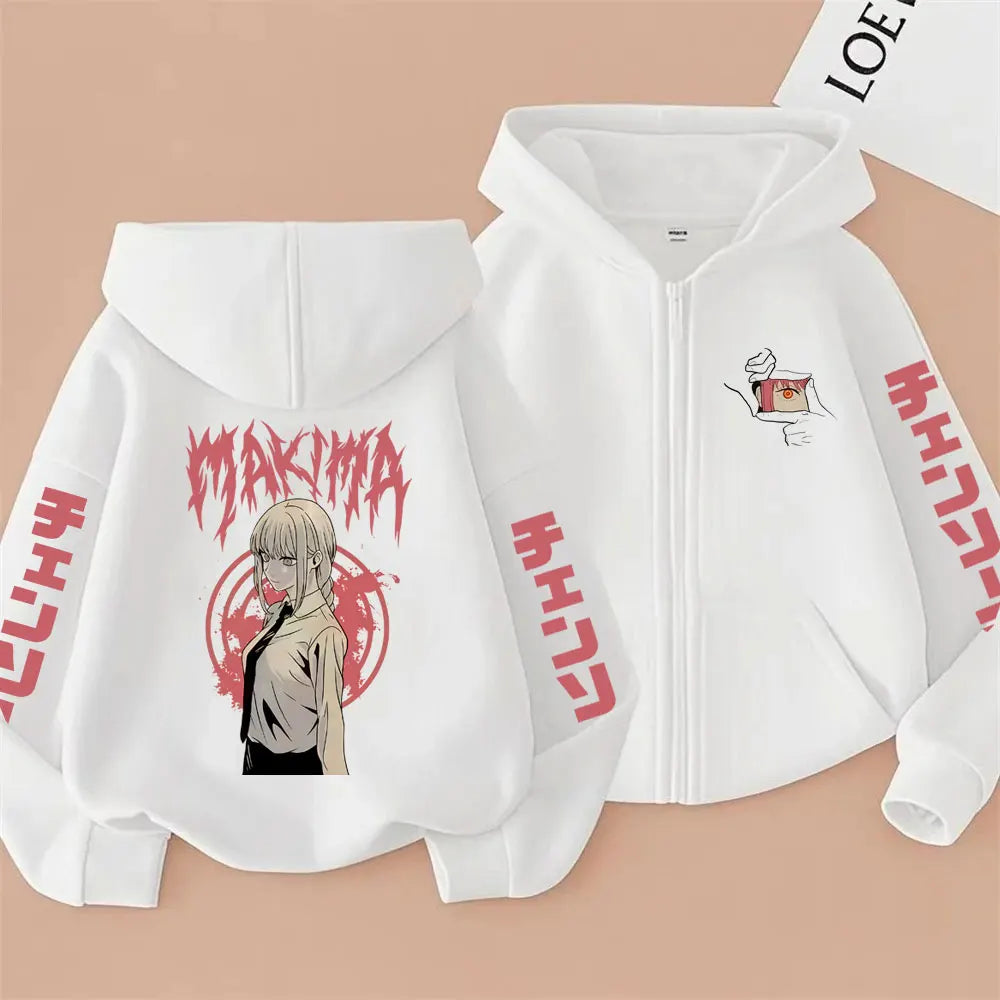 Chainsaw Man Makima Vintage Zip-Up Hoodie – Oversized Unisex Anime Streetwear Jacket