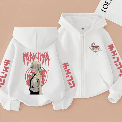 Chainsaw Man Makima Vintage Zip-Up Hoodie – Oversized Unisex Anime Streetwear Jacket