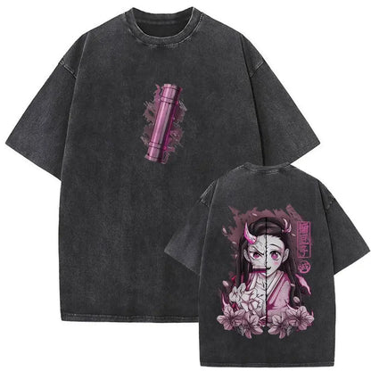Demon Slayer Vintage Washed Anime T-Shirt – Unisex Cotton Oversized Graphic Tee