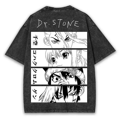 Dr. Stone Kohaku & Senku Ishigami Vintage Washed T-Shirt – Unisex Oversized Cotton Anime Graphic Tee