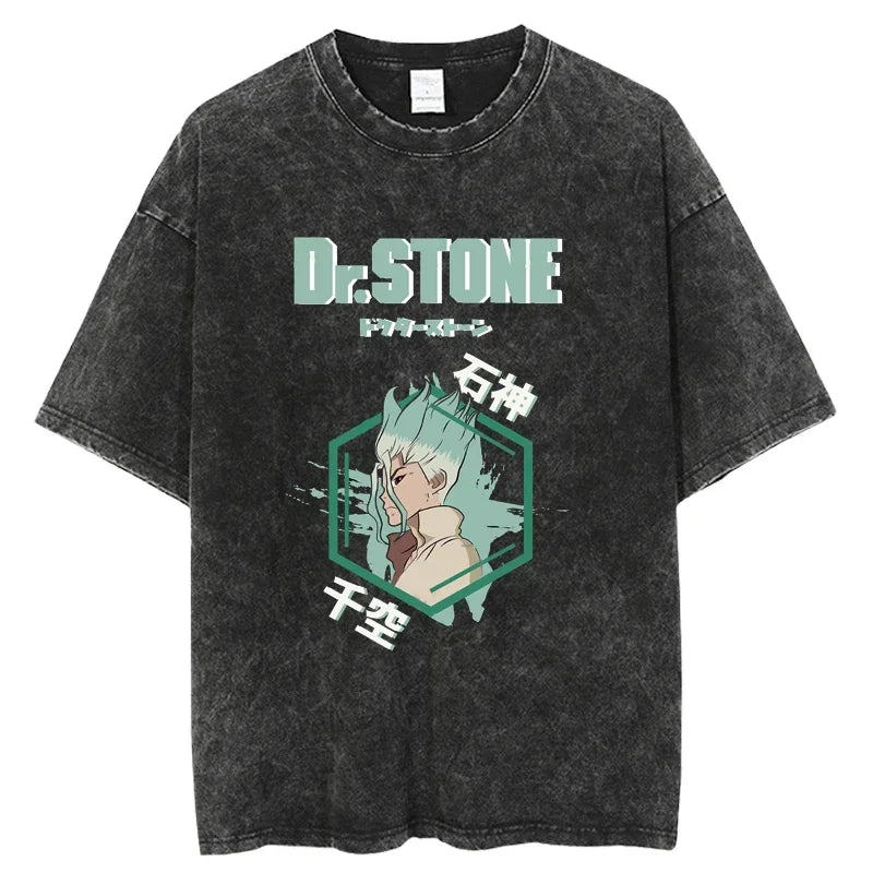 Dr. Stone Senku Ishigami Vintage Washed T-Shirt – Unisex Oversized Harajuku Cotton Graphic Tee