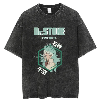 Dr. Stone Senku Ishigami Vintage Washed T-Shirt – Unisex Oversized Harajuku Cotton Graphic Tee