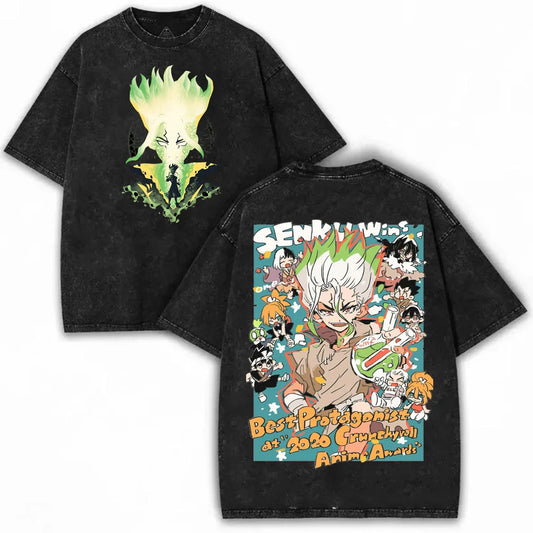 Dr. Stone Senku Ishigami Vintage Washed T-Shirt – Unisex Oversized Harajuku Cotton Graphic Tee