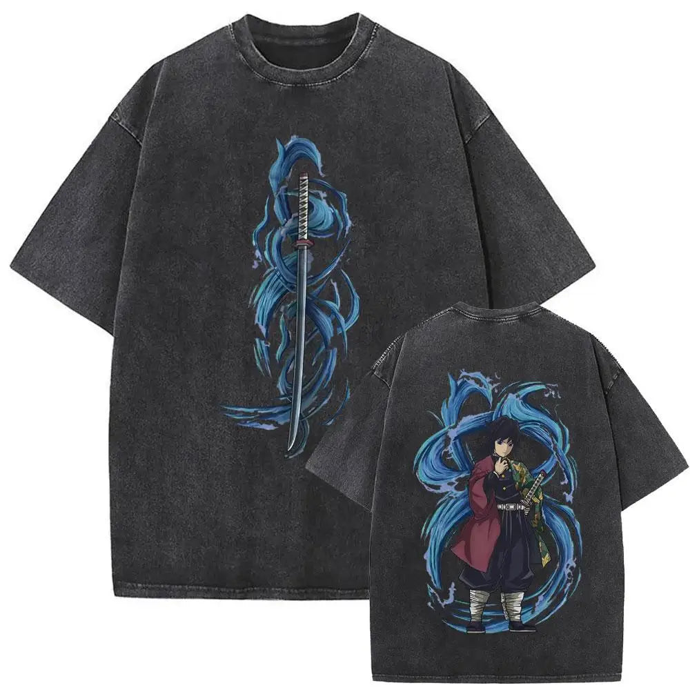 Demon Slayer Vintage Washed Anime T-Shirt – Unisex Cotton Oversized Graphic Tee