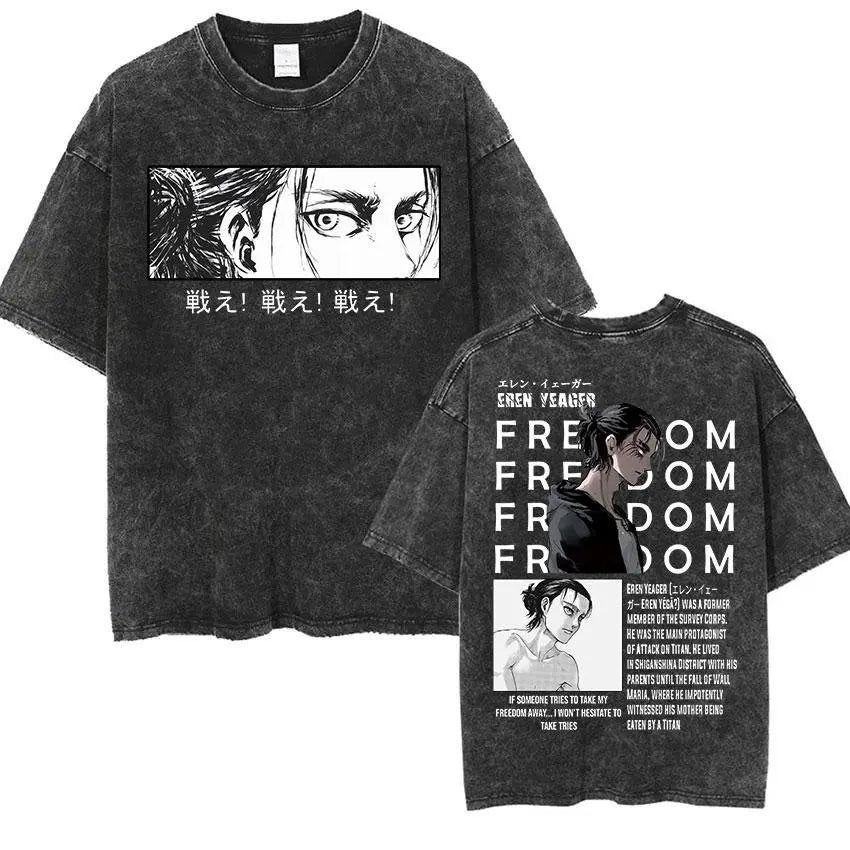 Attack on Titan Vintage Washed Graphic T-Shirt – Oversized Unisex Cotton Anime Streetwear Tee