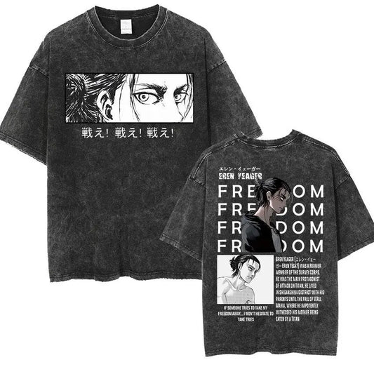 Attack on Titan Vintage Washed Graphic T-Shirt – Oversized Unisex Cotton Anime Streetwear Tee