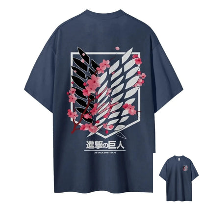 Attack on Titan Wings of Freedom Cherry Blossom Graphic T-Shirt – Unisex Cotton Anime Streetwear Tee