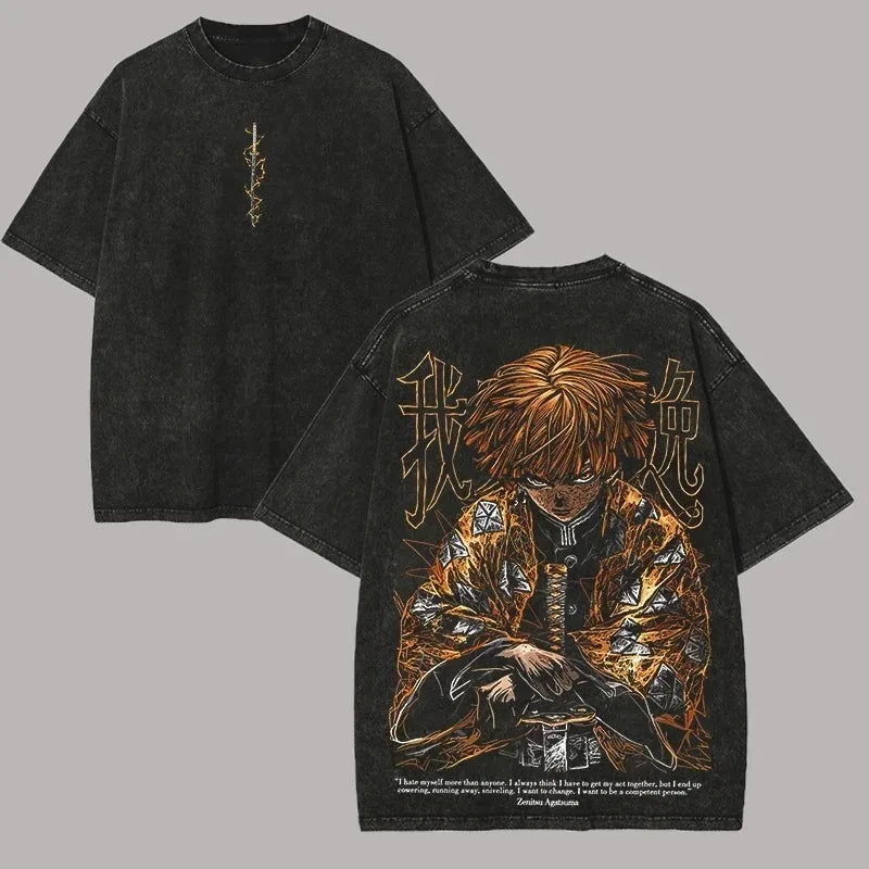 2026 New Demon Slayer Agatsuma Zenitsu Graphic Quality T-Shirt Men and Women Cotton Vintage Washed Print Streetwear Sports Tops