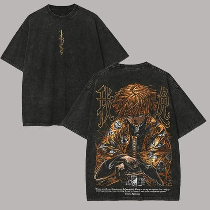 2026 New Demon Slayer Agatsuma Zenitsu Graphic Quality T-Shirt Men and Women Cotton Vintage Washed Print Streetwear Sports Tops