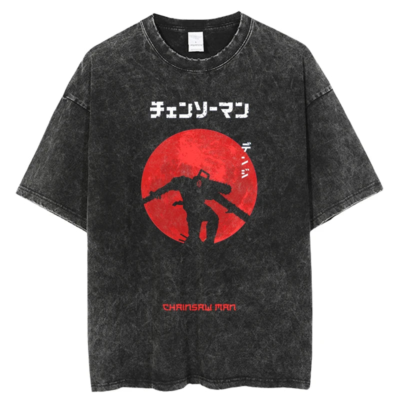 Chainsaw Man Denji & Pochita Vintage Washed T-Shirt – Oversized Harajuku Anime Tee