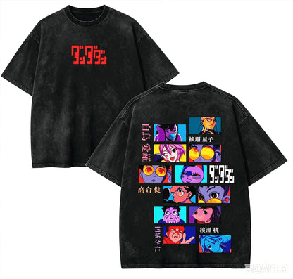 DAN DA DAN Character Grid T-Shirt – Black Washed Oversized Anime Streetwear Tee