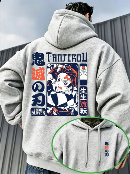 Demon Slayer Vintage Manga Print Hoodie – Warm Anime Graphic Pullover Sweatshirt
