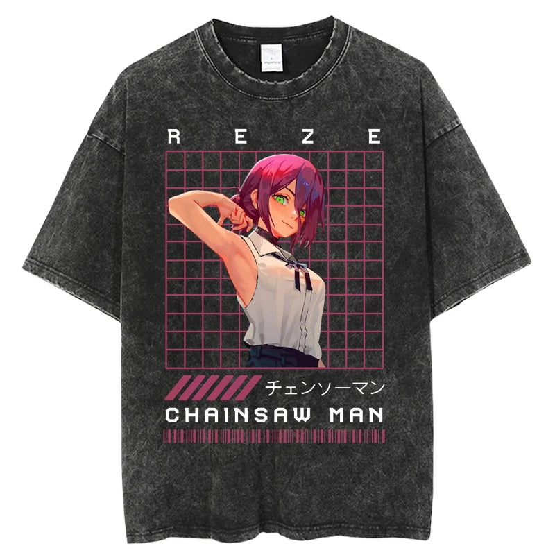 Chainsaw Man Denji & Pochita Vintage Washed T-Shirt – Oversized Harajuku Anime Tee