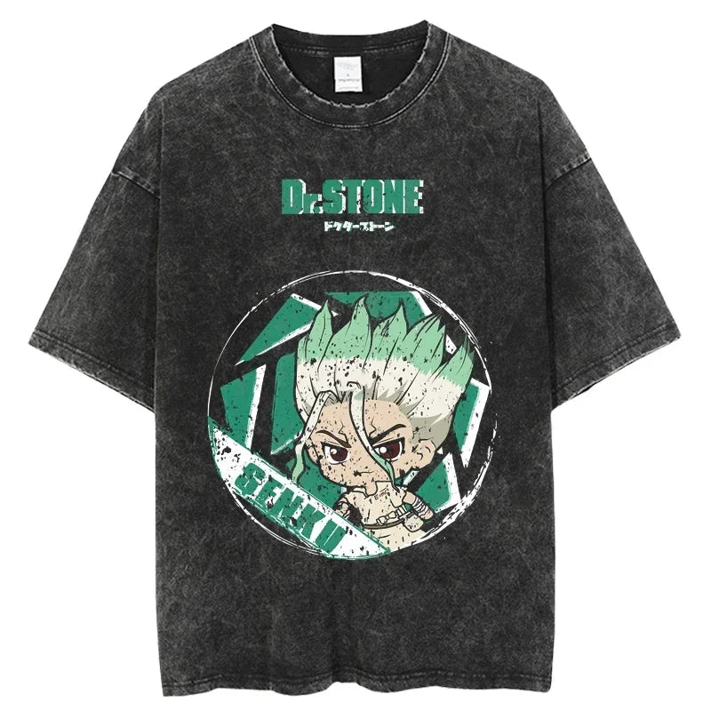 Dr. Stone Senku Ishigami Vintage Washed T-Shirt – Unisex Oversized Harajuku Cotton Graphic Tee