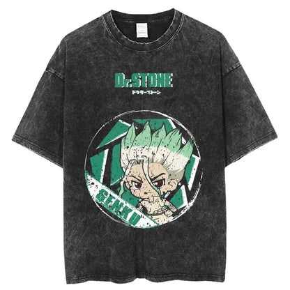 Dr. Stone Senku Ishigami Vintage Washed T-Shirt – Unisex Oversized Harajuku Cotton Graphic Tee