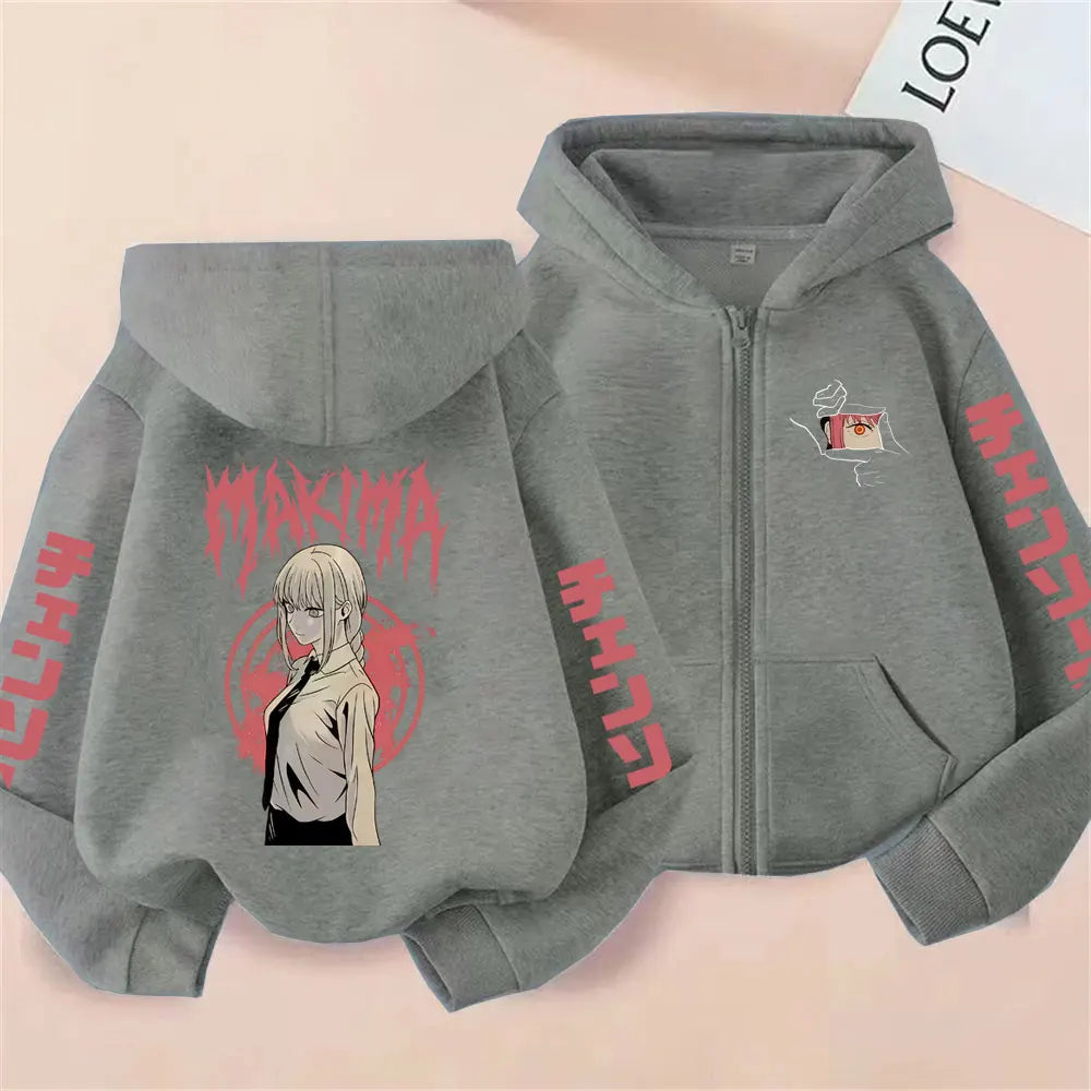Chainsaw Man Makima Vintage Zip-Up Hoodie – Oversized Unisex Anime Streetwear Jacket