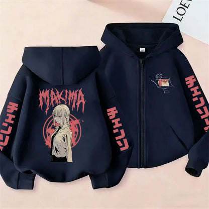 Chainsaw Man Makima Vintage Zip-Up Hoodie – Oversized Unisex Anime Streetwear Jacket